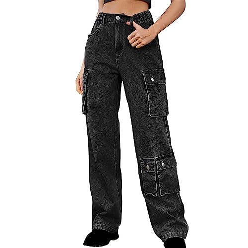 Relaxed Fit Women's Cargo Pants Y2K Teen Girls High Waist Parachute Pants Wide Leg Baggy Pants Elastic Jeans Trousers