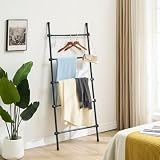 Blanket Ladder Black Expandable Width (17.3-32.3 inch) 5.4 Ft Tall 5 Rungs Metal Quilt Holder Rack Wall Leaning Strong Load Capacity, Modern Farmhouse Decor Easy Assembly for Living Room,Bedroom