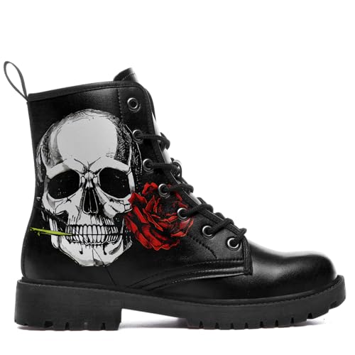 Image of Custom Black Combat Boots for Women Fashion Lace-Up Skull Rose Ankle Booties Chunky Heel Platform Leather Boots