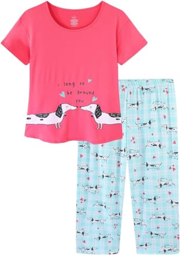 Image of CHUNG Women Cotton Pajama Sets Sleepwear pjs Short Sleeve Shirt Capri Length Crop Pants Cute Vivid Print