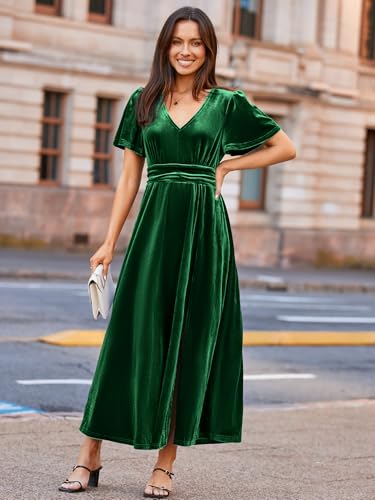 Image of Simplee Women's Velvet Maxi Dress V Neck Short Sleeve Empire Waist Semi Formal Long Cocktail Dresses