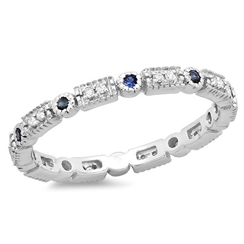 Dazzlingrock Collection 14K Solid Gold Round Blue Sapphire And White Diamond Womens Vintage Style Wedding Eternity Band Stackable Ring