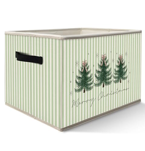 FDHSPAAM Coquette Pink Bow Christmas Tree Storage Bins Box with Handles, Xmas Winter Green Striped Holiday Collapsible Fabric Storage Basket Box Organizer for Bedroom Bathroom Clothes Toys Books