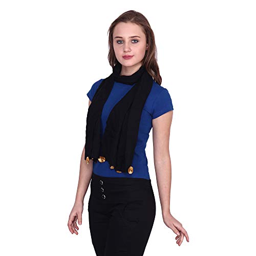 Image of POPWINGS Casual Black Solid Polyester Stoles with pom-pom Work