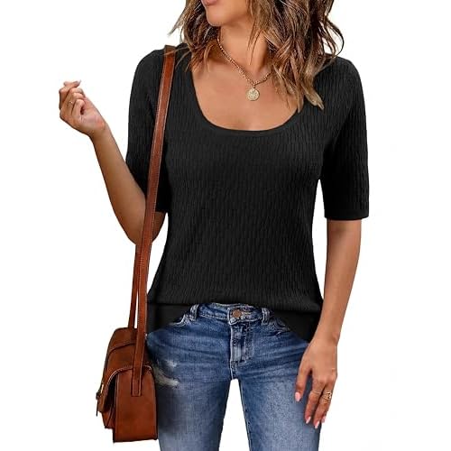 Totatuit Womens Short Sleeve Sweaters Square Neck Tops 2026 Trendy Textured Knitted Business Casual Pullover Sweater Black X-Large