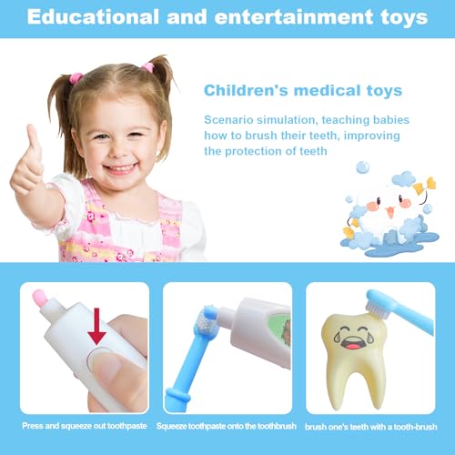 8 Pieces Cartoon Dental Pretend Dentist Play Set - Cute Teeth Models with Toothbrushes, Dental Tools Kit, Toothpaste, and Cup for Toothbrushing Trainer, Teeth Development Tool for Toddler Kids (Blue) - Thumbnail 3