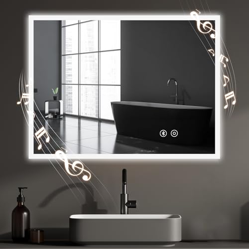 YOLEO Bluetooth Bathroom Mirror with LED Lights, 700x500mm Illuminated Bathroom Mirror, Wall Mounted Vanity Mirror with 3 Colors Dimmable, Anti-Fog, Touch Switch, Waterproof IP44, Horizontal/Vertical