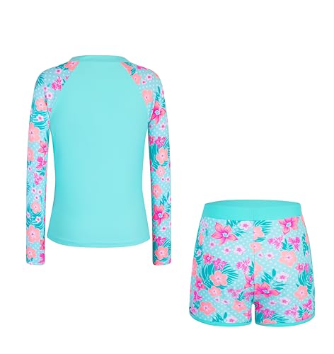 Image of Alakuoti Girls Rash Guard Swimsuit Two Piece Bathing Suit UPF 50+ Sun Protection Long Sleeve Swimwear 6-14 Years