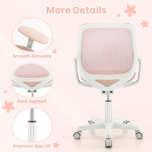 FANTASK Ergonomischer Schreibtischstuhl Kinder, Höhenverstellbar 43-55cm, 360° Drehstuhl mit Rückenlehne & Armlehnen, Bürostuhl mit 5 arretierbaren Rollen, für Kinder ab 6 Jahren (Rosa)