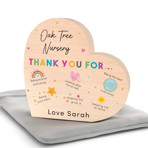 Beecreative Personalised Nursery Thank You Gift - Custom Beech Wood Heart - Pre School Leaving Presents - With Grey Gift Bag - Image 5