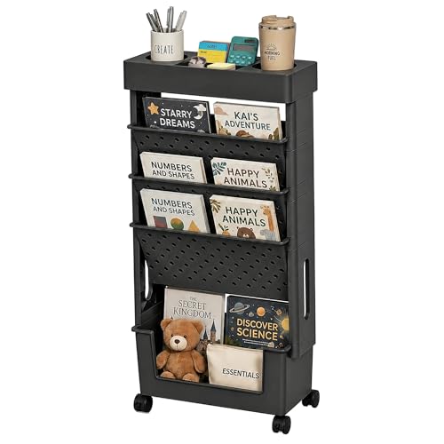 POBOMULI 5-Tier Rolling Bookshelf, Book Storage Organization with Wheels Mobile Bookshelves Cart for Home Office Kids' Study Room School, Black