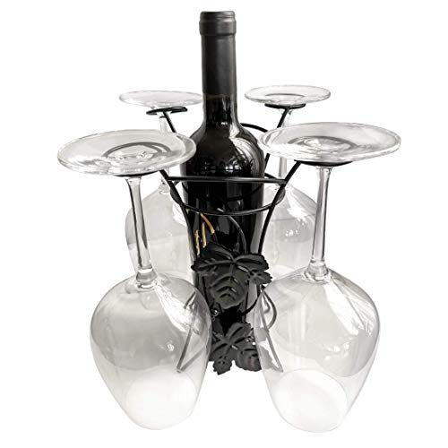 Lily's Home Wine Bottle And Glasses Rack. Counter Or Table Top Free Standing Holder For One Wine Bottle And Four Glasses. Black #TOP28