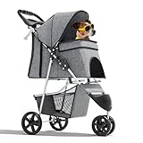 Magshion 3-Wheel Pet Stroller, Foldable Travel Jogger for Small & Medium Dogs & Cats (Up to 33lbs), Lightweight Carrier with Breathable Mesh Cover, Cup Holder & Storage Basket, Gray