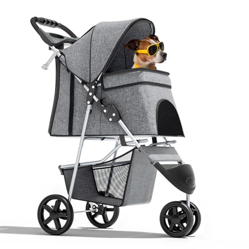 Magshion 3-Wheel Pet Stroller, Foldable Travel Jogger for Small & Medium Dogs & Cats (Up to 33lbs), Lightweight Carrier with Breathable Mesh Cover, Cup Holder & Storage Basket, Gray
