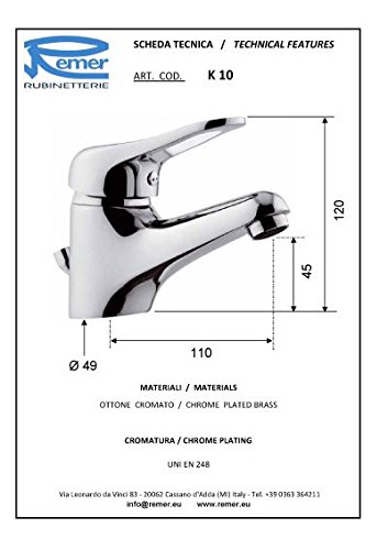 REMER RUBINETTO LAVABO MISCELATORE MONOCOMANDO CON SCARICO SERIE KISS K 10 2