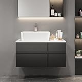Weibath Bathroom Vanity Floating Bathroom Sink Cabinet with Ceramic Vessel Sink Wall Mounted Floating Vanity (Black & White, 31.5