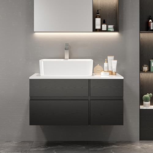 Weibath Bathroom Vanity Floating Bathroom Sink Cabinet with Ceramic Vessel Sink Wall Mounted Floating Vanity (Black & White, 31.5