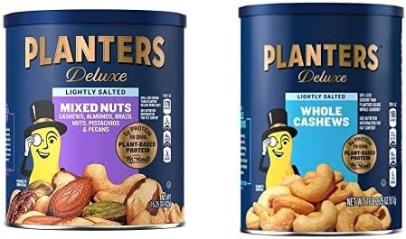 Bundle of PLANTERS Deluxe Lightly Salted Whole Cashews, 18.25oz (1 Canister) + PLANTERS Deluxe Lightly Salted Mixed Nuts, 15.25oz (1 Canister)