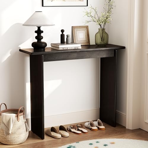 AQIMUELE Black Console Table Thin Rubberwood Minimalist Mid-Century Style | Stable and Sturdy 11.8" D x 39.4" W x 31.5" H for Entryway/Sofa Back by AQIMUELE - Used condition - US$128.29