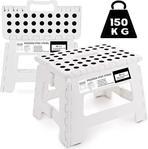 Step Stool for Kids & Adults - 9 inch Plastic Folding Stepping Stool for Kitchen Bathroom Garden and Outdoor, Portable Foldable Stool Holds up to 150KG (White)