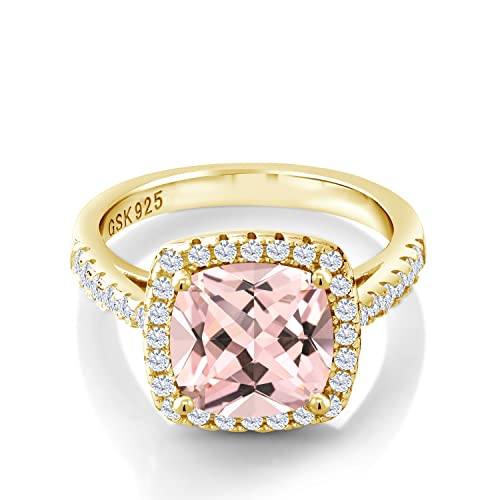 18K Yellow Gold Plated Silver Gemstone Birthstone and White Moissanite Halo Solitaire Engagement Ring for Women | Cushion 8MM with Round Accents | Wedding Anniversary Promise Gold Ring | Sizes 5-92