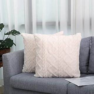 DANUBEE Pack of 2 Soft Plush Beige Cushion Covers 45x45 Boho Style Square Pillow Cases with Short Fluffy Faux Wool Pillow Shell Pillowcases for Sofa Couch Bedroom Living Room Cream