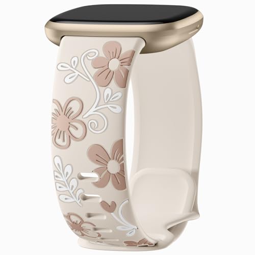 GEAK Floral Engraved Bands Compatible with Fitbit Versa 4 Bands for Women/Fitbit Versa 3/Sense 2 1 Bands for Women Fancy Cute Floral Pattern Wristband Replacement Sport Strap for Versa 3