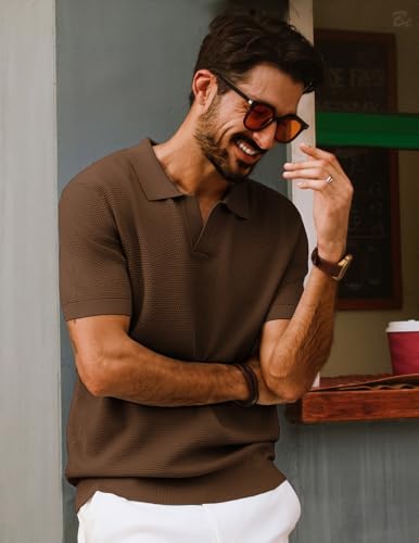 PJ PAUL JONES Mens Polo Shirts Short Sleeve V Neck Knit Textured Polo Knitted Golf Shirt2