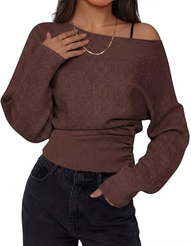 Simlakey Women Off Shoulder Sweater Bat Wing Sleeve Ribbed Knit