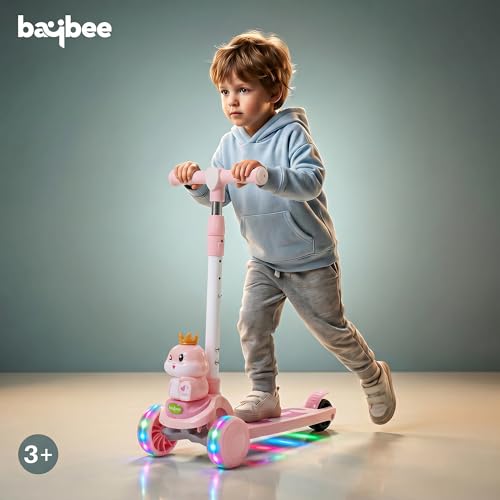 Image of Baybee Dino Crown Kick Scooter for Kids | 3 Wheel Kick Scooter with RGB LED Wheels & Music | 3 Height Adjustable Handle & Rear Brake | Foldable Scooter for Kids 3 to 8 Years Boys & Girls (Lite Pink)