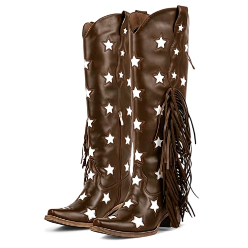 Image of richealnini Western Thigh High Cowboy Boots with Fringe Over Knee Wide Calf Cowgirl Boots
