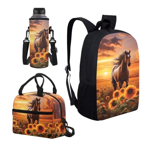 Sunset Horse Sunflowers Print 3pcs School Bag Set for Kids, Backpack Set with Lunch Bag & Water Bottle Cover for School Sport Travel