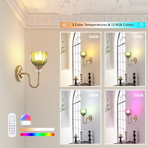 Image of Set of 2 Vintage Battery Operated Wall Sconce, Rechargeable Wall Lamp with 5000mAh Battery & Remote Control, Dimmable Wall Lights with tulip shade for Bedroom Bathroom Living Room, (Tulip Green Up)