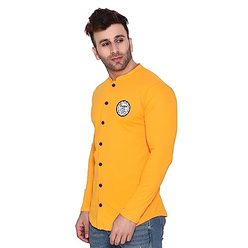 Image of Geum Men's Mandarin Collar Shirt | Slim Fit Full Sleeve Casual Shirt with Printed Chest Logo | Soft Cotton Blend Stylish Button Down for Party, Office