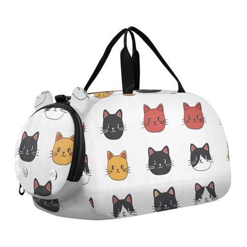 Duffle Bag for Boys or Girls with Shoes Compartment, Simple Cat Cartoon Pattern Sports Travel Bag Overnight