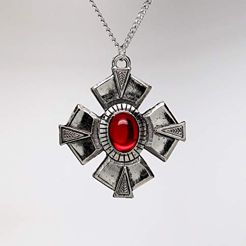 Medallion With Red Cabochon Medieval Renaissance Silver Finish Pendant Necklace #TOP4