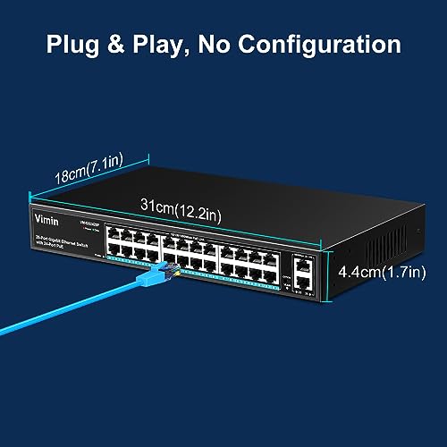 Image of 24 Port Gigabit PoE Switch with 2 Uplink Gigabit Ports, VIMIN 26 Port Unmanaged PoE Ethernet Switch with 320W Power, Support IEEE802.3af /at, VLAN, Metal Housing, 19 inch Rack-Mount, Plug and Play