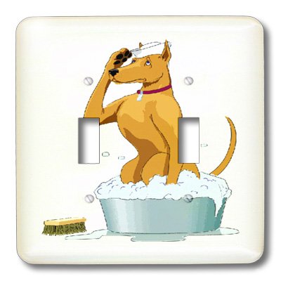 Chien de dessin animé prenant un bain plaque interrupteur double pour salle de bain