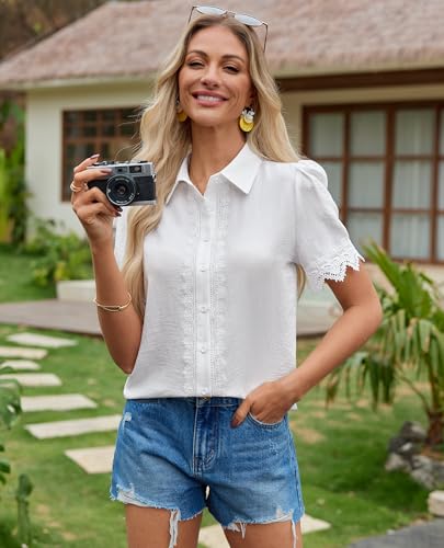 Image of siliteelon Womens Summer Button Down Lace Blouses Lapel Trim Dress Casual Shirts 2026 Fashion Business Short Sleeve Tops