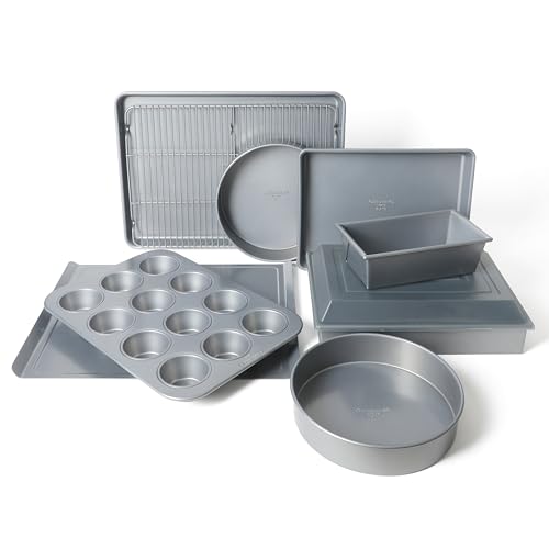 Calphalon Titan 10-Piece Baking Pan Set, Steel Core Bakeware PFA-Free Nonstick Coating, Oven Safe, Includes Sheet Pans, Muffin Pan, Round Cake Pans, Loaf Pan and Cooling Rack, Silver