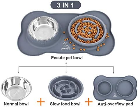 pecute 3-in-1 Slow Eating Dog Bowls with Non Slip Mat - Safe Silicone Interactive Fun Slow Feeders for Dogs - Stainless Steel Bowls Non Spill Mats Tray - Great for Dogs Cats Slow Feeding(MGrey)