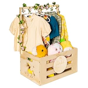 Wooden Baby Shower Crate Closet Baby Gift Basket with Handle Garland Baby Announcement Sign String Lights Hangers Large Baby Storage Crate Hamper Newborn Welcome Gift for Pregnancy