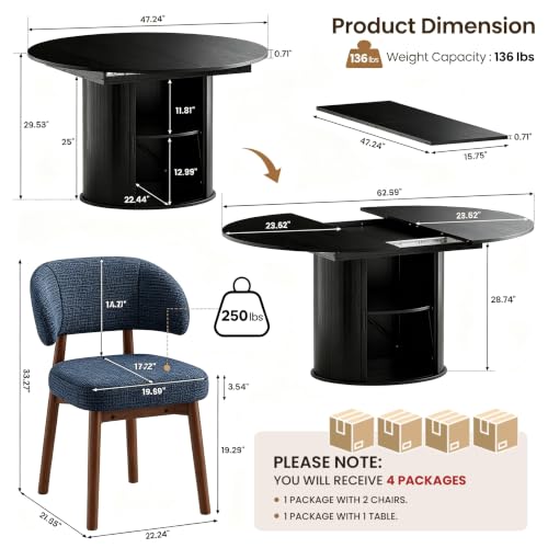 Image of MALOL 47 inch-63 inch Extendable Round to Oval Dining Table Chairs Set for 4-8, Modern Wooden Kitchen Table and Chairs with Hidden Storage and Fluted Design for Dining Room /Small Space(Black and Dark Blue)