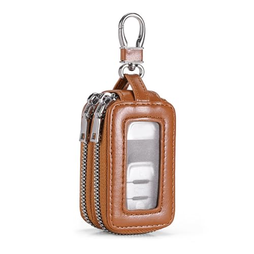 MoSundi Leather Car Key Case with Transparent Window, Double Zipper Keychain Protector Holder for Most Car Keys, Durable Scratch-Resistant Design, Compatible with 3.54 x 1.97 x 1.38 Inches Keys