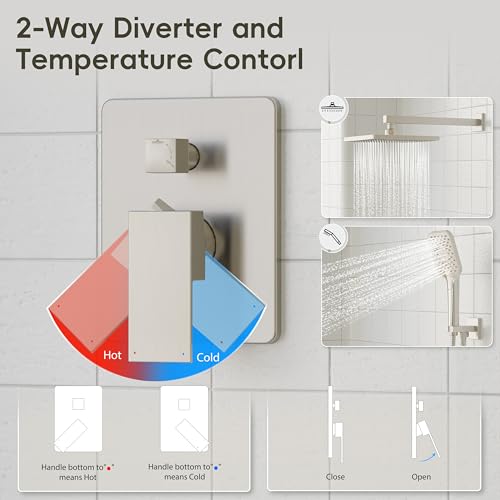 Image of Gabrylly Shower System, Wall Mounted Shower Faucets Sets Complete for Bathroom with High Pressure 10 inch Rain Shower head and 3-Setting Handheld Shower Head Set, 2 Way Shower Valve Kit, Brushed Nickel