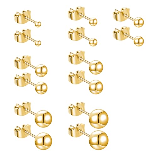 7 par örhängen i rostfritt stål med rund kula, guldfärgade örhängen för kvinnor och män (2 mm, 3 mm, 4 mm, 5 mm, 6 mm, 7 mm, 8 mm)