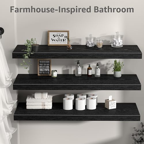 Image of QEEIG 12 inch Deep Floating Shelves for Wall - 12 x 36 inch Book Shelf Bathroom Bedroom Kitchen Living Room Hanging Bookshelf Farmhouse Set of 3, Black (026-90B3)
