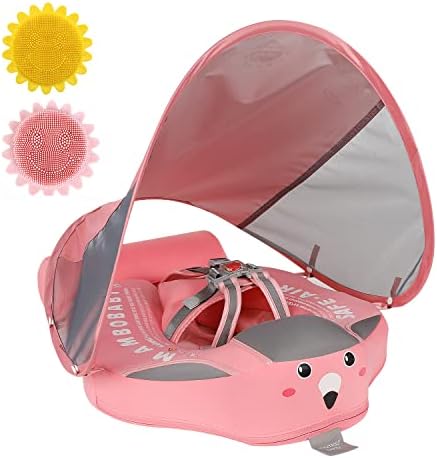 Mambobaby Newest Baby Floatie Add Tai Size Improved Baby Pool Float with Canopy UPF 50+，Non Inflatable Solid Upgrade Leather Baby Floats for Aged 3-24 Months Infants Swimming Training(Pink)