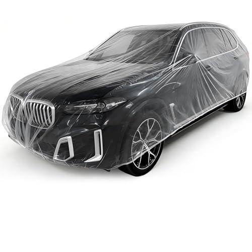 Jibrelxion 4 Pack Disposable Plastic Car Cover Universal Clear Rain Dust Garage Cover with Elastic Band for Indoor Garage Use Sedans and SUVs 12 ft x 22 ft