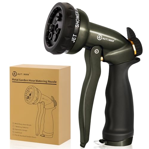 Image of AUTOMAN Garden Hose Nozzle - 7 Patterns Sprayer, 100% Metal High Pressure Spray Nozzle, Labor-Saving Design, Heavy Duty Water Hose Nozzle for Garden Watering, Car Washing, Window Cleaning,Pets Bathing